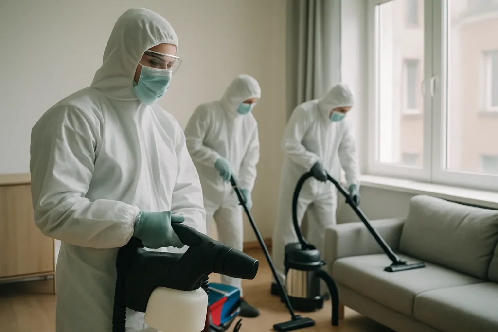 Équipe de nettoyage en tenue de protection dans un appartement, équipement spécialisé visible