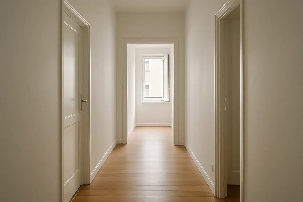 Vue d'un couloir d'appartement vide et propre avec lumière douce.