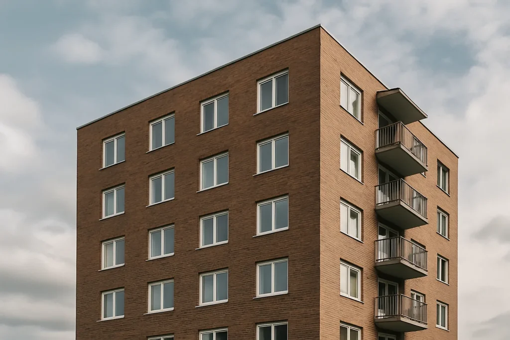 Vue d'un immeuble résidentiel en brique par temps nuageux, angle en contre-plongée.