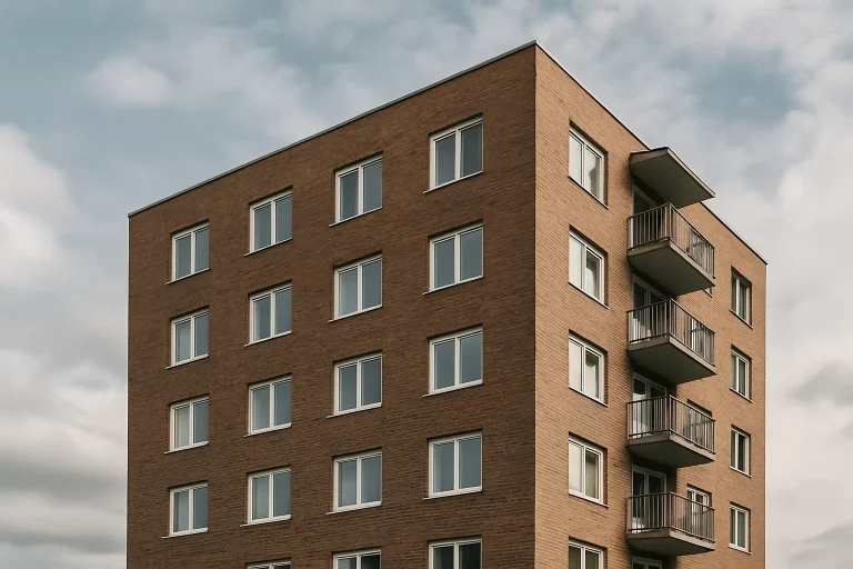 Vue d'un immeuble résidentiel en brique par temps nuageux, angle en contre-plongée.