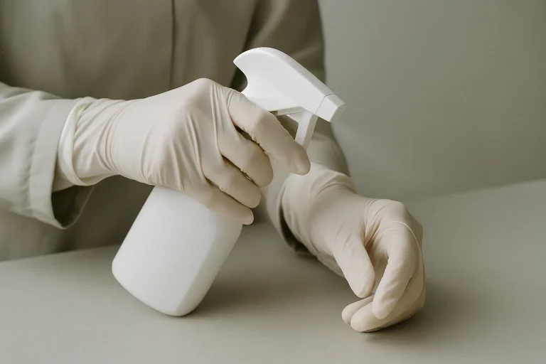Mains gantées utilisant un vaporisateur désinfectant sur une table