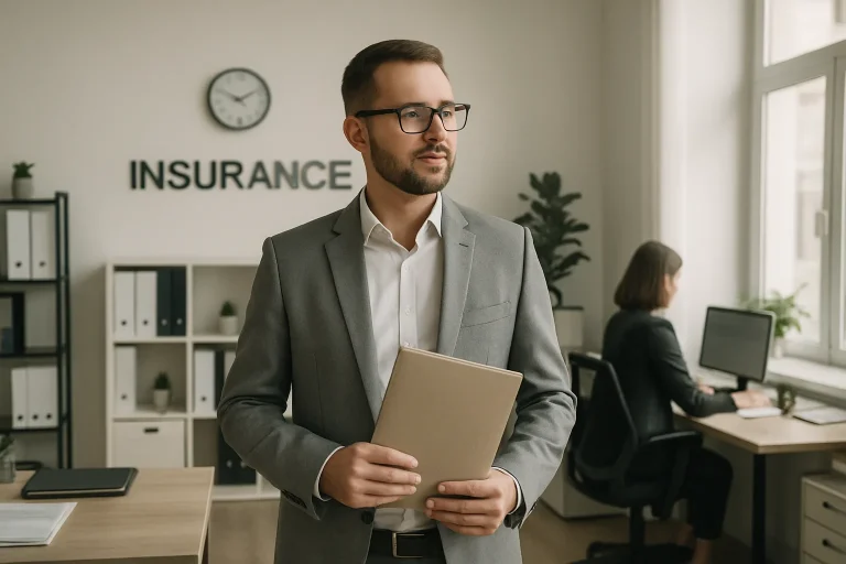 Agent d'assurance tenant un dossier dans un bureau, lumière douce.