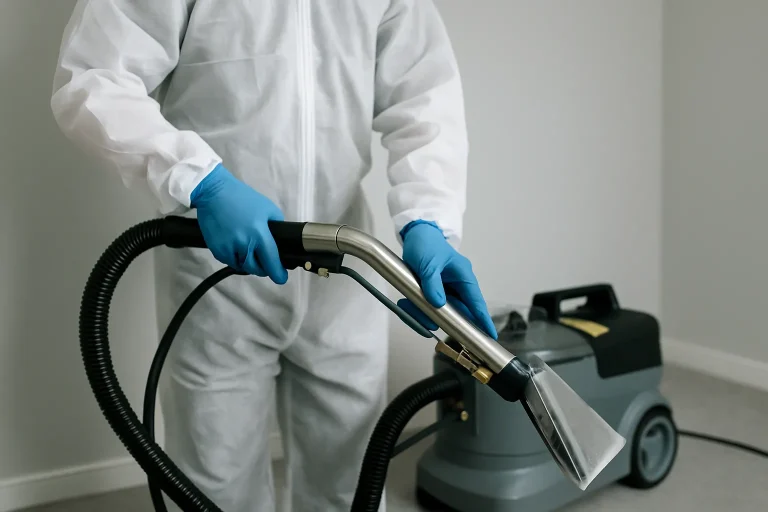 Agent en tenue de protection manipulant un équipement de nettoyage dans une pièce.