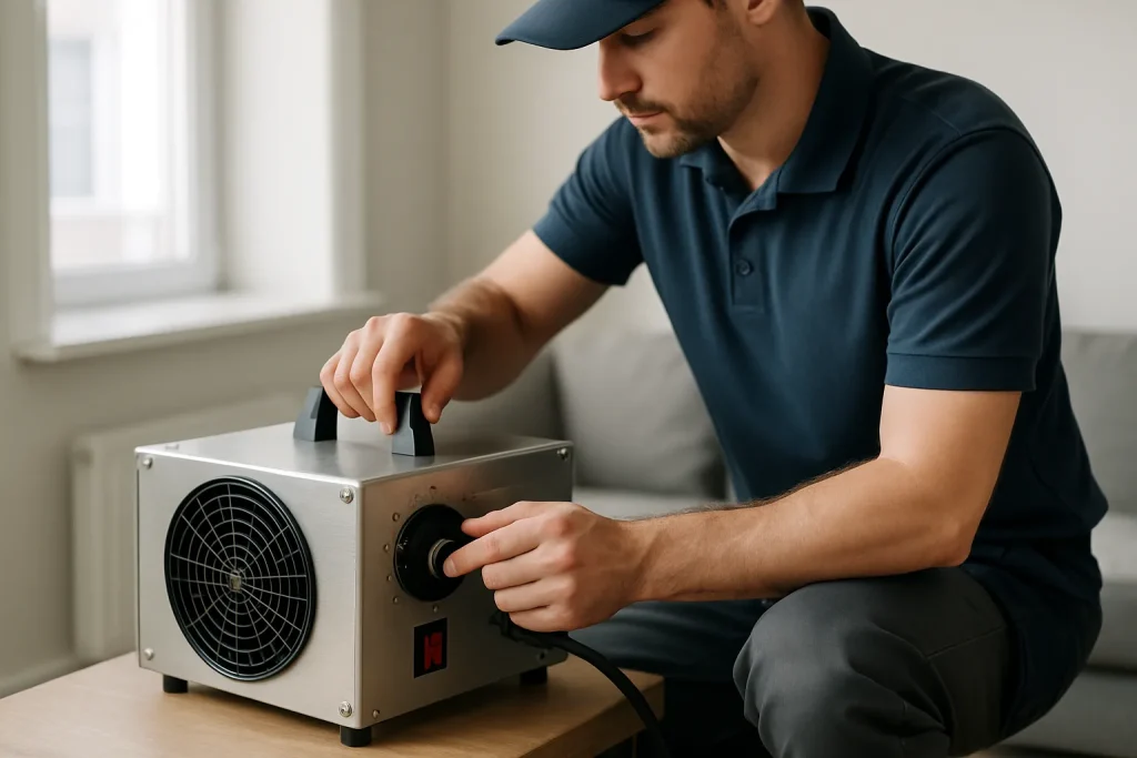 Technicien utilisant un appareil de désodorisation dans un appartement après un décès, lumière neutre.