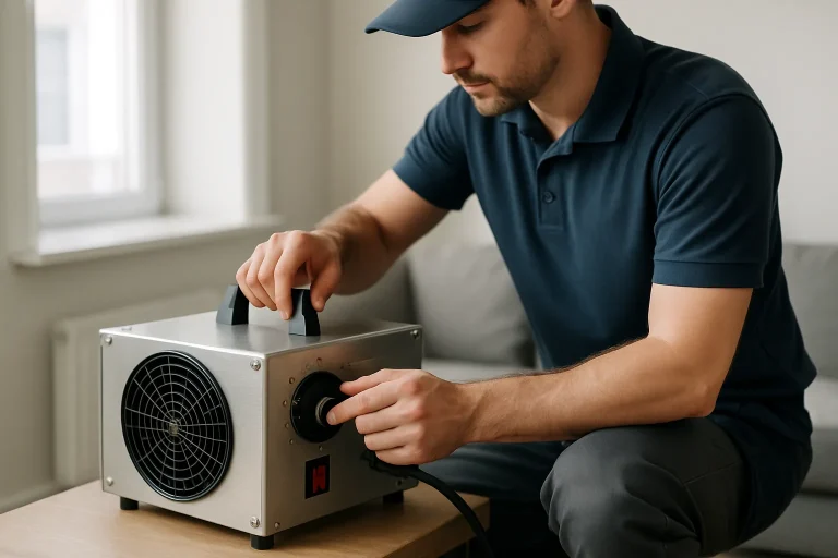 Technicien utilisant un appareil de désodorisation dans un appartement après un décès, lumière neutre.