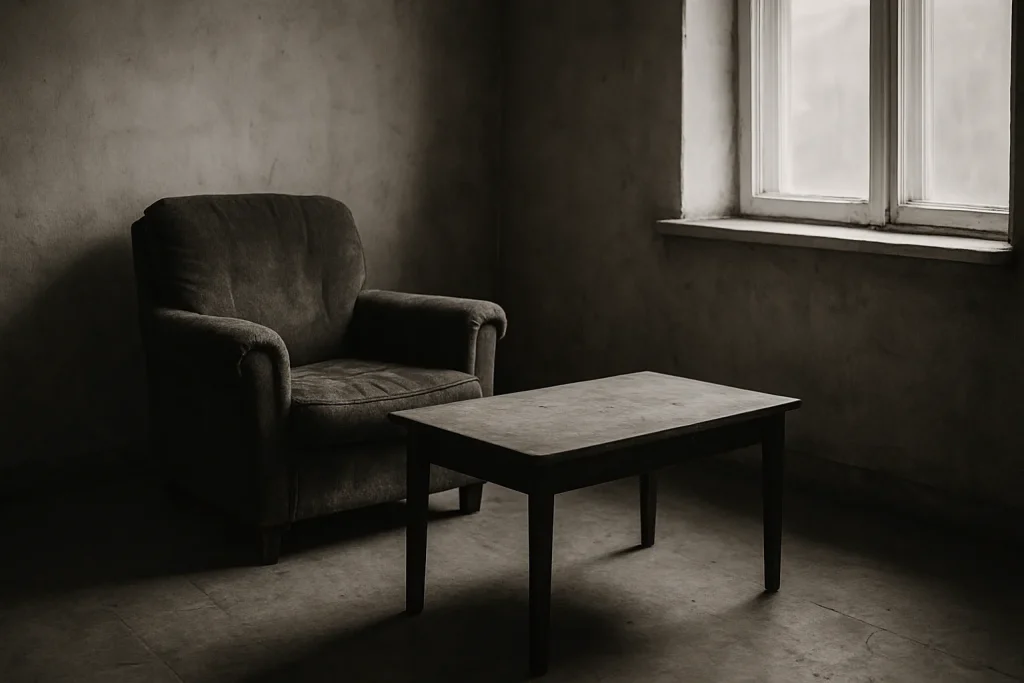 Pièce vide avec fauteuil usé et table basse, lumière douce entrant par une fenêtre.