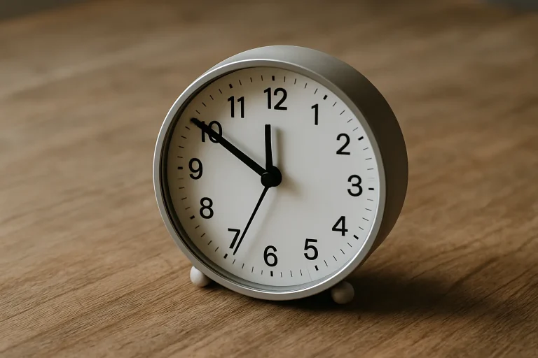 Horloge sur une table en bois, indiquant 11h, symbolisant une intervention le week-end
