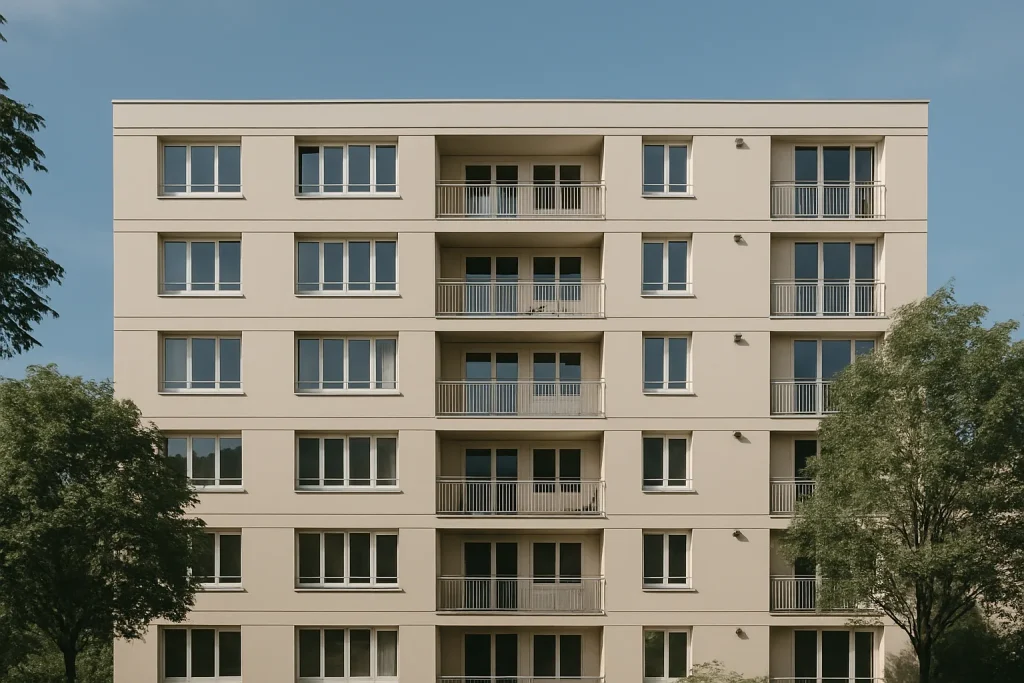 Façade d'un immeuble résidentiel avec ciel bleu et arbres.
