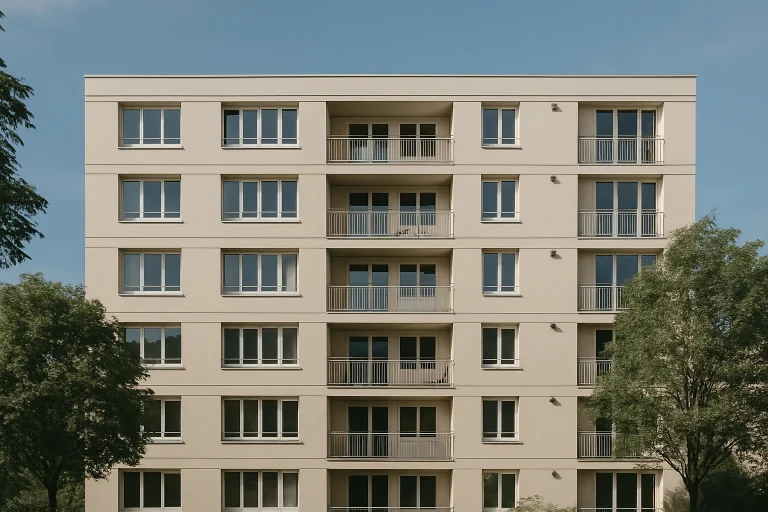Façade d'un immeuble résidentiel avec ciel bleu et arbres.