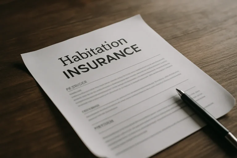 Police d'assurance habitation sur une table en bois avec un stylo à côté, éclairage doux.