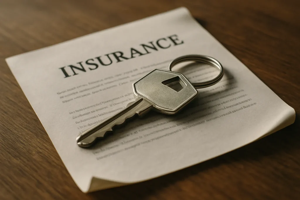 Clé de maison posée sur un contrat d'assurance, lumière latérale douce.