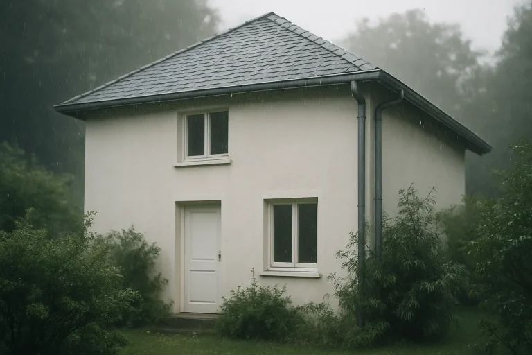Maison sous la pluie avec gouttières visibles, évoquant les dégâts des eaux.