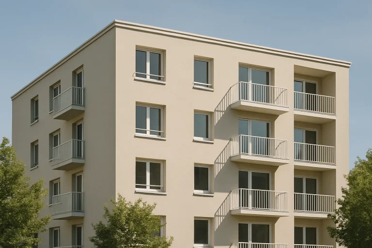 Façade d'un immeuble résidentiel sous un ciel clair, arbres à la base.