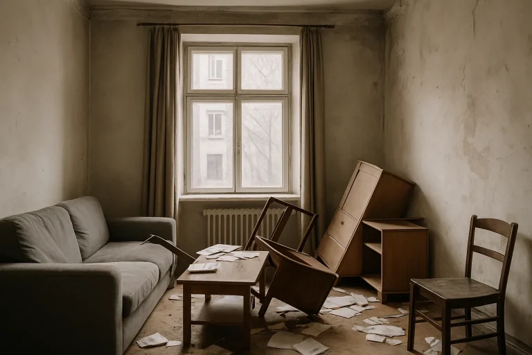 Appartement en désordre avec meubles déplacés et murs décrépis, éclairé par la lumière du jour.