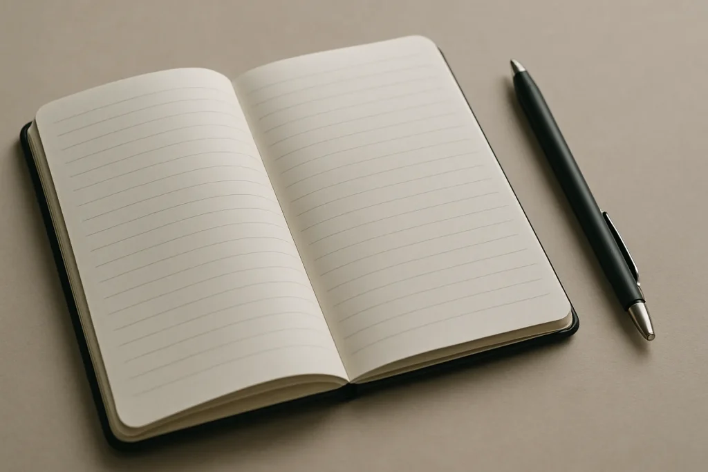 Carnet de notes ouvert avec stylo posé à côté, éclairage doux