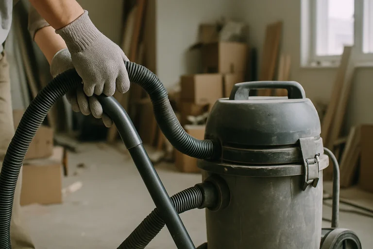 Des mains en gants de protection utilisant un aspirateur industriel dans une pièce encombrée.