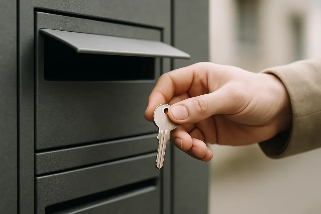 Main tendant une clé à travers une boîte aux lettres moderne, lumière naturelle.