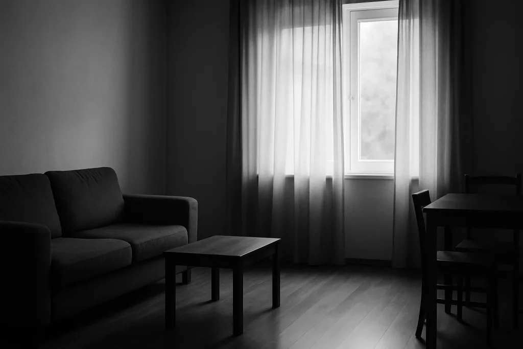 Une pièce vide avec des rideaux tirés et une lumière douce, en noir et blanc.