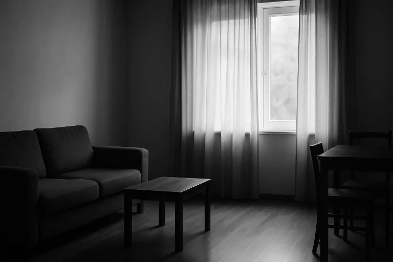 Une pièce vide avec des rideaux tirés et une lumière douce, en noir et blanc.