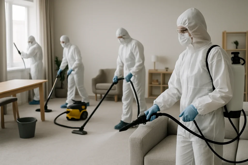 Équipe de nettoyage en tenue de protection effectuant une désinfection dans une pièce.