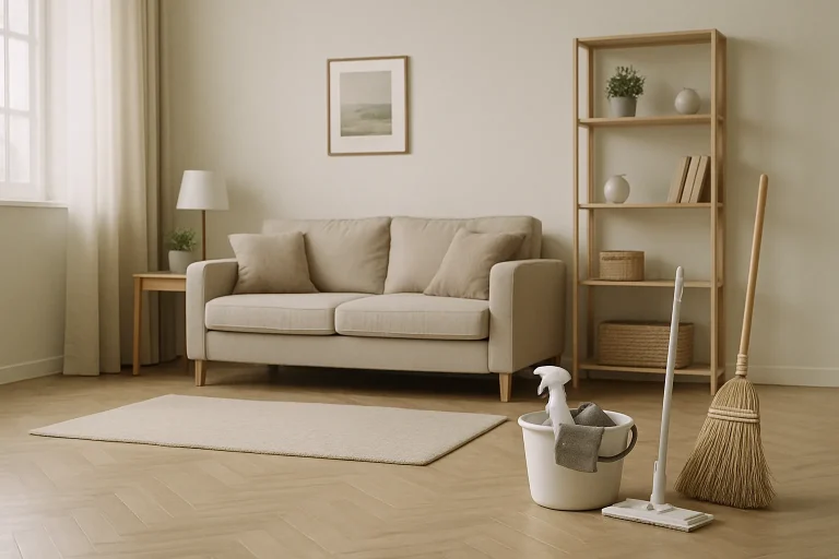 Vue d'un espace intérieur propre avec mobilier ordonné après nettoyage post-mortem