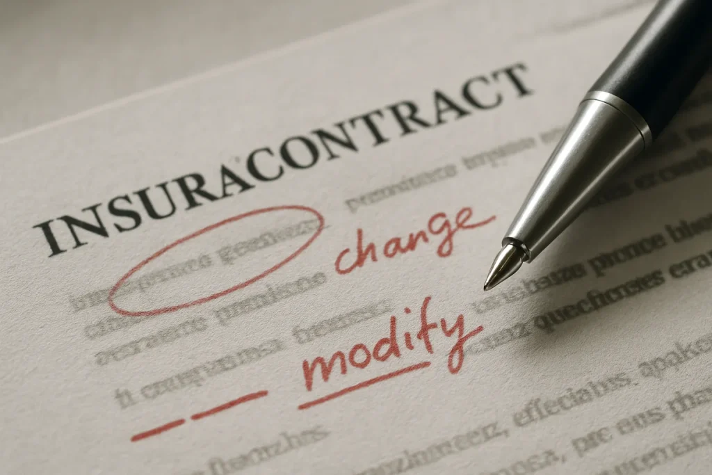Stylo sur contrat d'assurance annoté en rouge, lumière douce