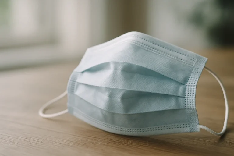 Masque de protection sur une table, utilisé pour le nettoyage après décès.