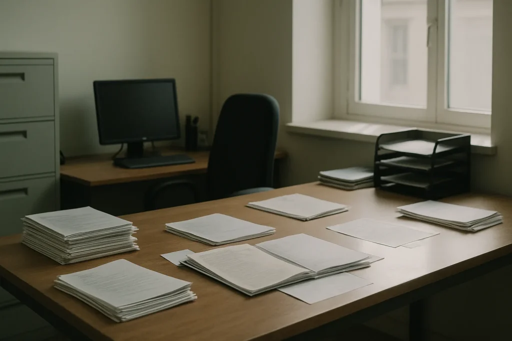 Bureau administratif avec des documents sur une table, lumière douce entrant par la fenêtre.