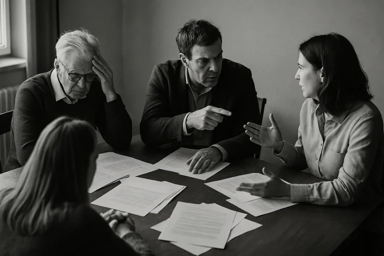 Réunion en noir et blanc d'héritiers autour d'une table, ambiance tendue