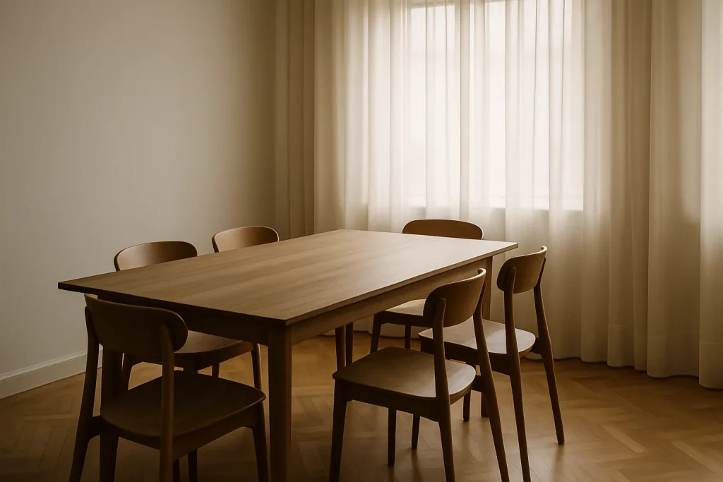 Salle à manger vide avec table en bois et chaises, lumière douce filtrée par des rideaux.
