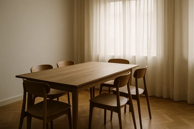 Salle à manger vide avec table en bois et chaises, lumière douce filtrée par des rideaux.