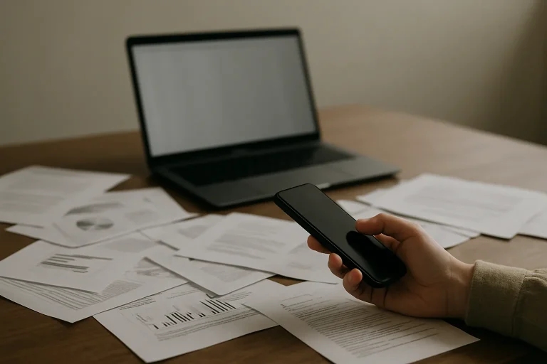 Main tenant un téléphone sur un bureau avec papiers et ordinateur, éclairage neutre.