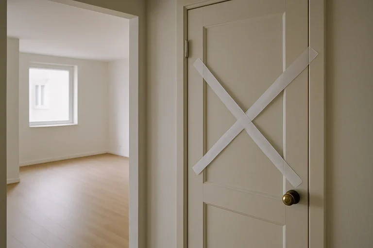 Porte d'appartement avec scellés de police, intérieur vide et éclairage doux