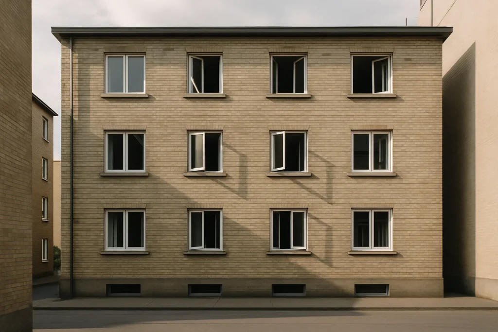 Vue extérieure d'un immeuble résidentiel avec fenêtres ouvertes sous la lumière du jour.