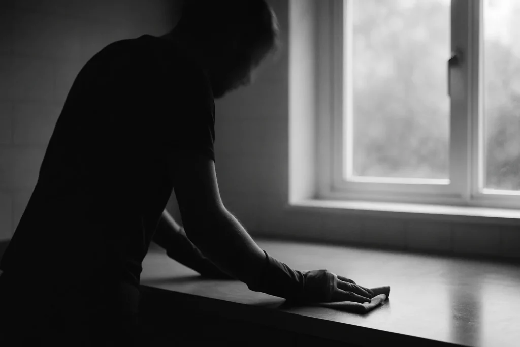 Silhouette floue en train de nettoyer un plan de travail après un suicide.