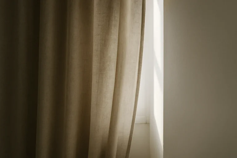 Rideau entrouvert laissant passer une douce lumière, symbolisant la confidentialité