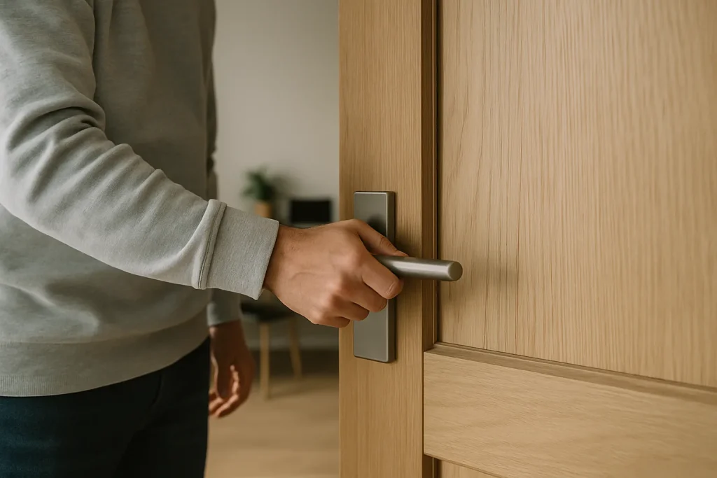 Main fermant une porte intérieure en bois pour protéger la famille avant l'arrivée des professionnels.
