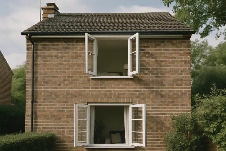 Façade d'une maison en brique avec fenêtres ouvertes pour désinfection