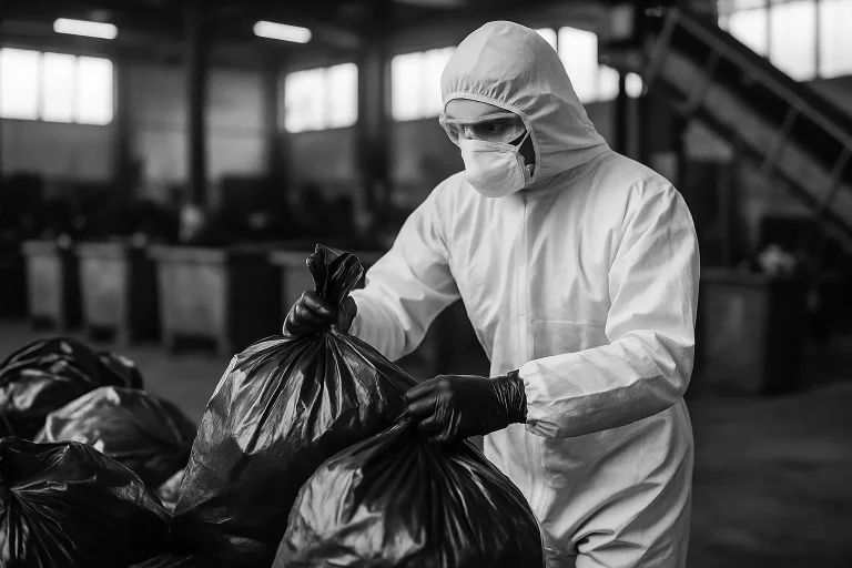 Agent en combinaison de protection manipulant des sacs de déchets dans un centre de traitement.