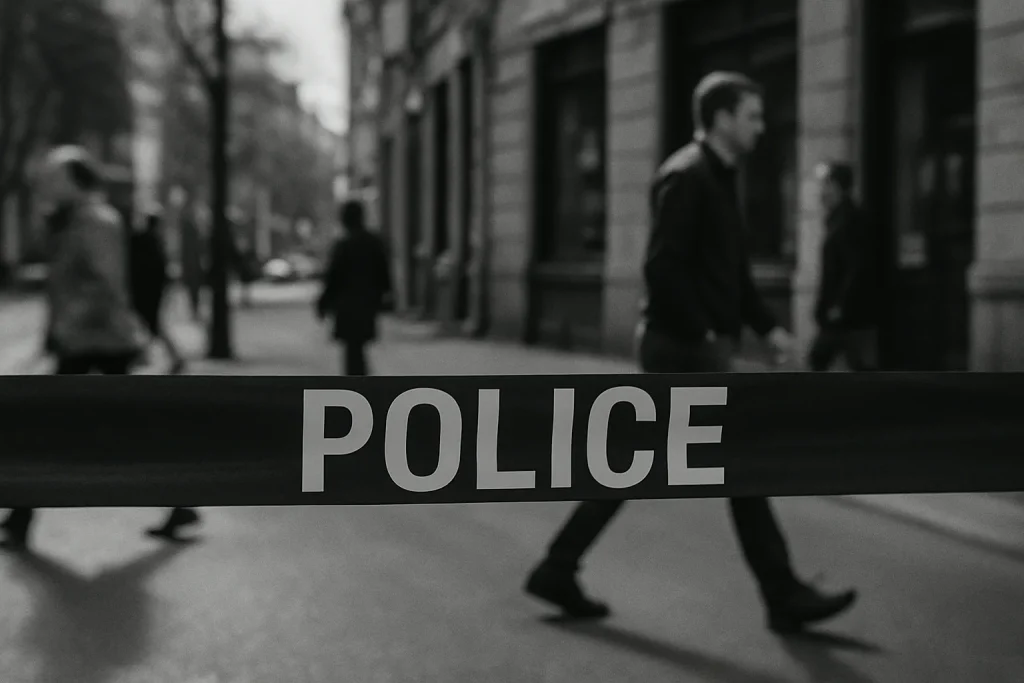 Scène de rue avec bande de police en noir et blanc, passants flous