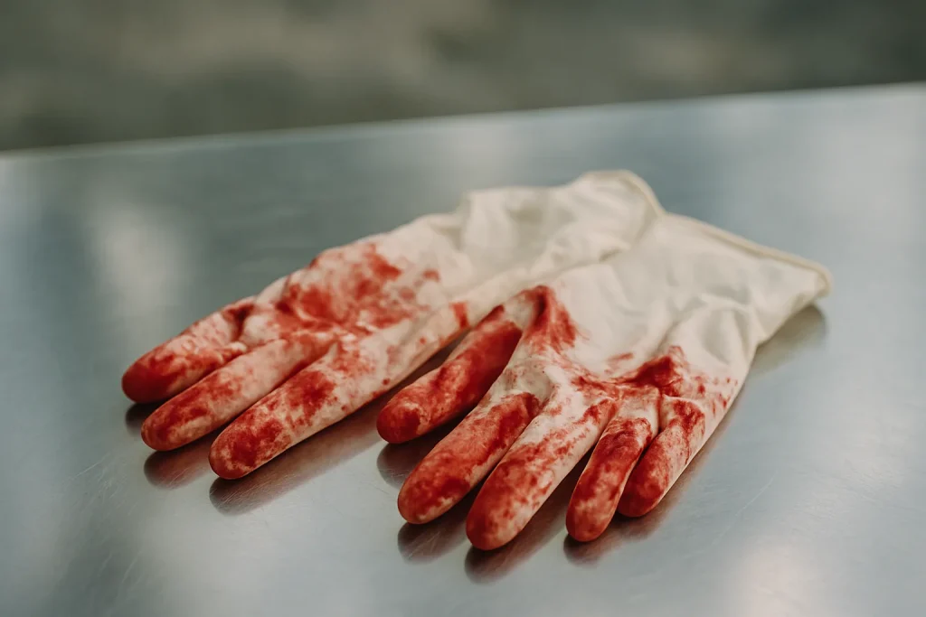 Gants en latex avec traces de sang sur une surface métallique, fond flou
