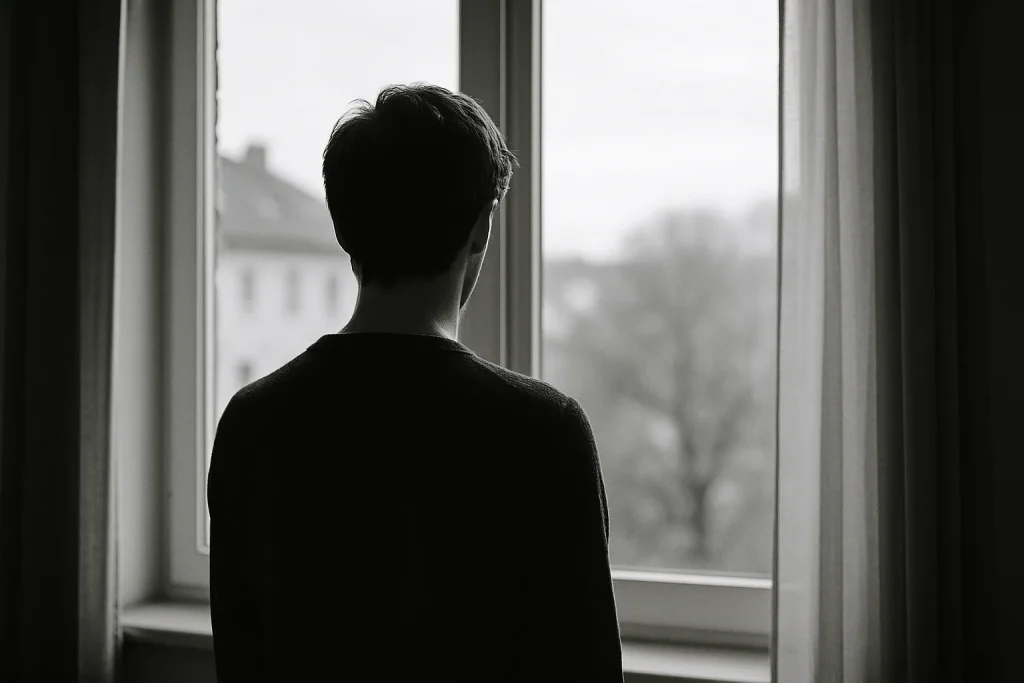 Silhouette de dos devant une fenêtre, lumière douce, introspection.