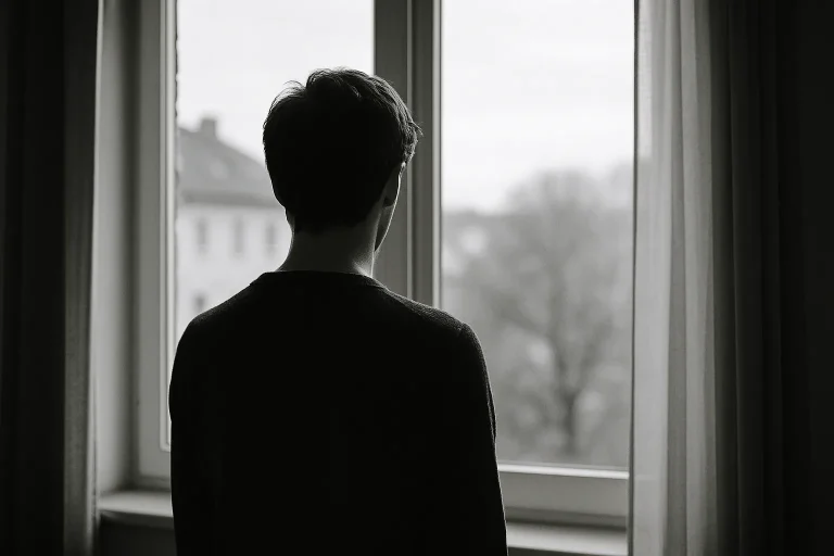 Silhouette de dos devant une fenêtre, lumière douce, introspection.