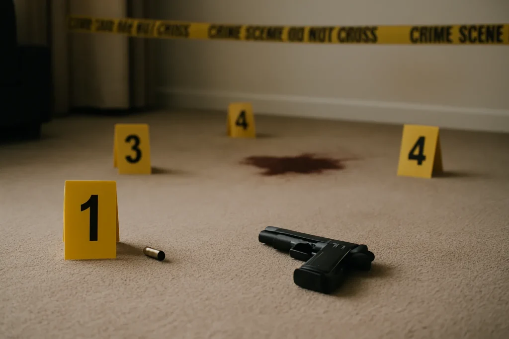Scène de crime fictive avec marqueurs de preuves numérotés, lumière douce