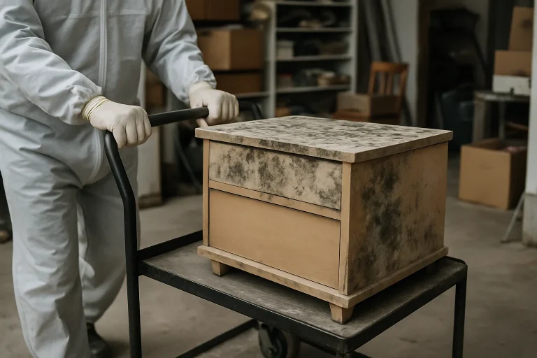 Professionnels en gants de protection déplaçant un meuble contaminé avec un chariot