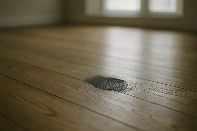 Gros plan sur un parquet en bois avec une tache sombre visible, éclairé par la lumière naturelle.