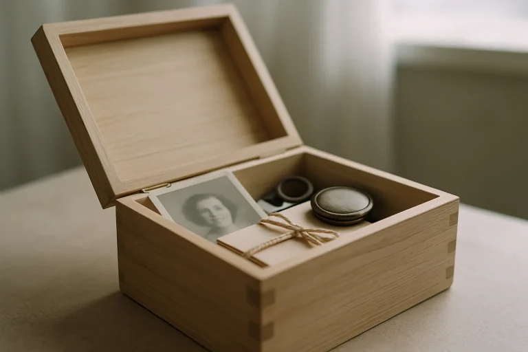 Boîte à souvenirs en bois avec des objets personnels à l'intérieur, éclairée naturellement