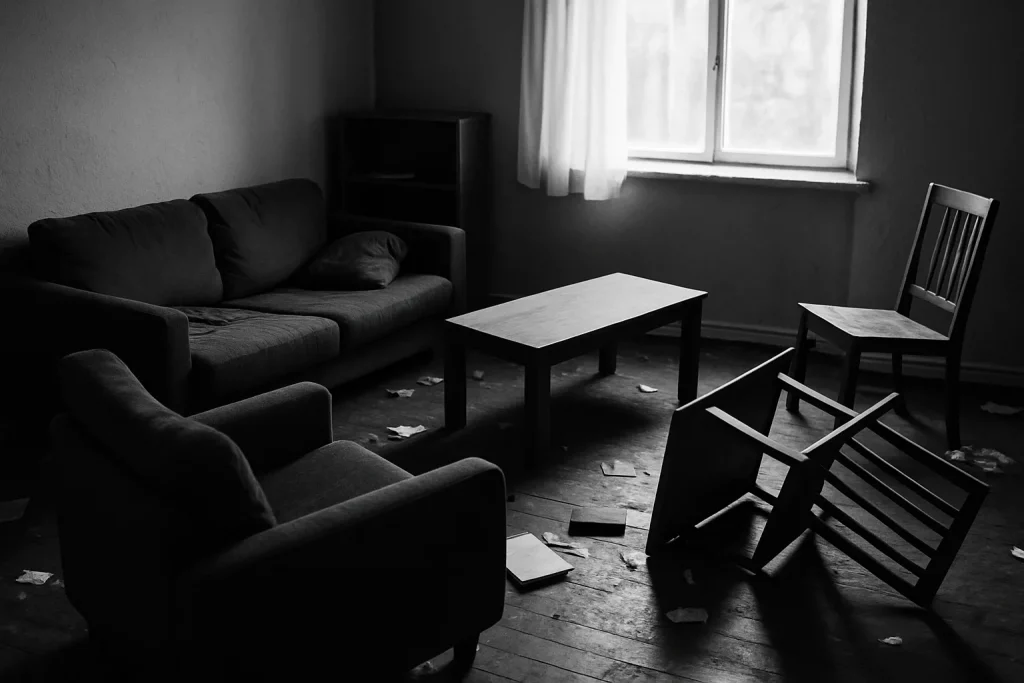 Photo noir et blanc d'une pièce en désordre, lumière du jour, meubles renversés