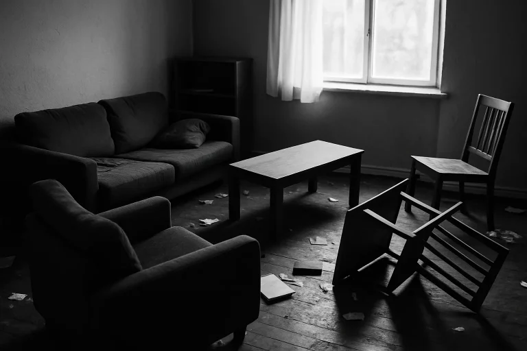 Photo noir et blanc d'une pièce en désordre, lumière du jour, meubles renversés