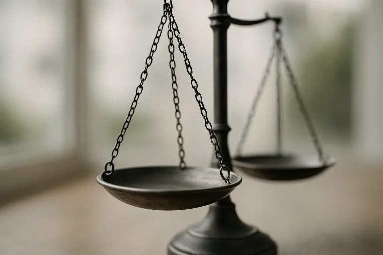 Gros plan sur une balance de justice en métal avec ses plateaux, lumière naturelle